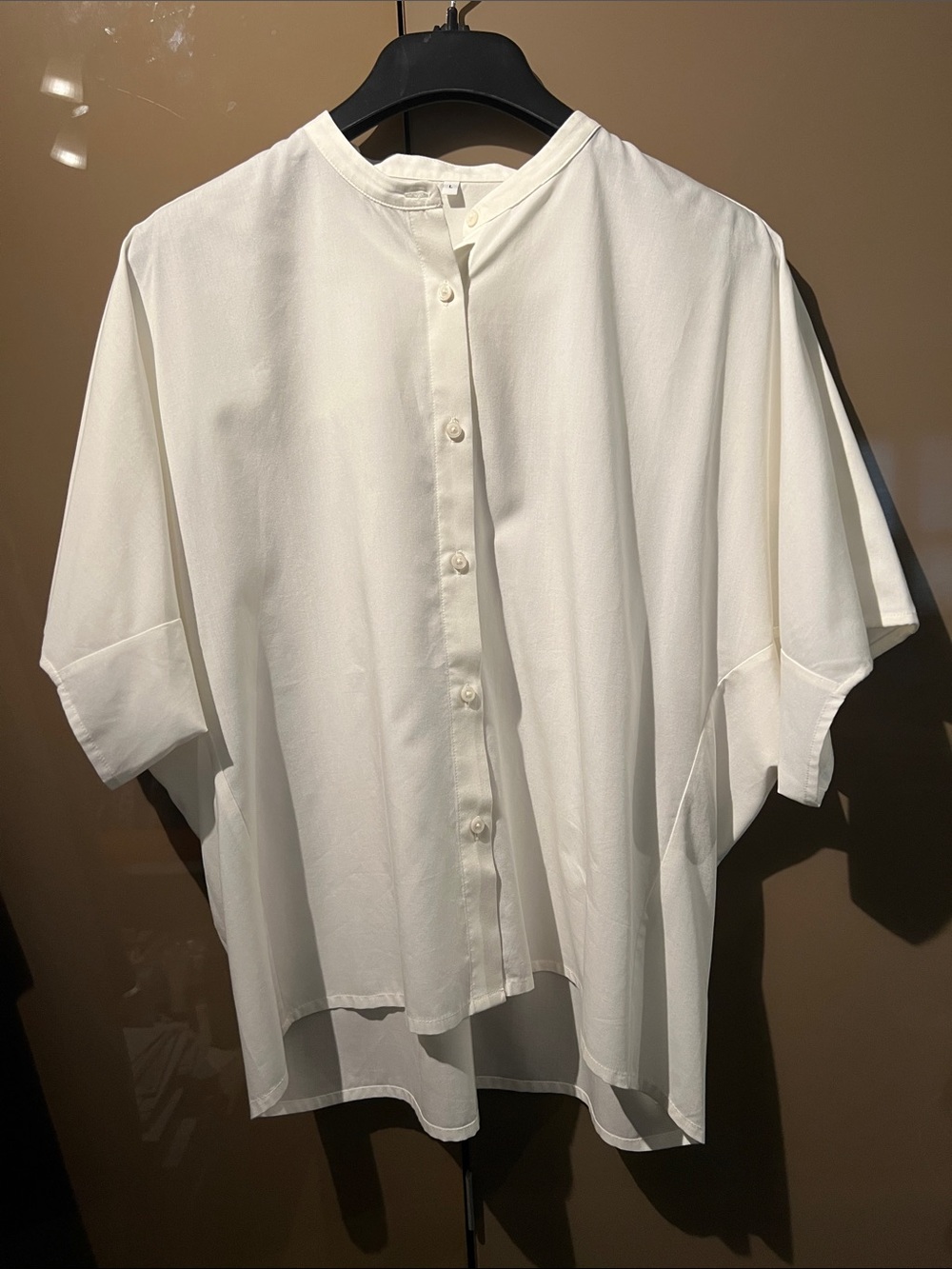Muji White Mandarin Collar Short Dolman Sleeve Button-Down Shirt